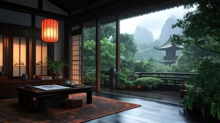 Aufkleber - Tranquil interior scene featuring a traditional Asian room with an open veranda overlooking a garden and a pagoda during a rainstorm. Warm light from a lantern contrasts with the cool tones outside