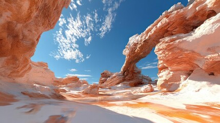 Aufkleber - An arid landscape featuring rock formations under a bright blue sky with scattered clouds. The scene has a digital art aesthetic