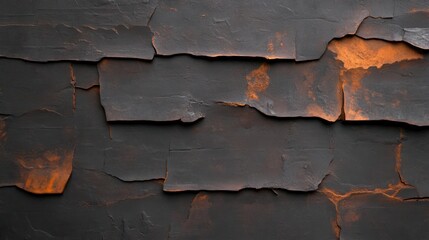 Aufkleber - Close up of weathered wooden shingles showing texture with flaking black paint and orange underlay. Abstract surface background. Aged and damaged