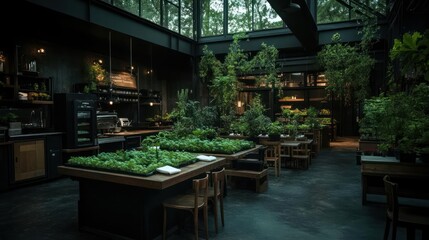 Poster - Interior restaurant design with lush greenery and natural light creates a serene atmosphere. Wooden tables and chairs are surrounded by plants in a greenhouse like setting