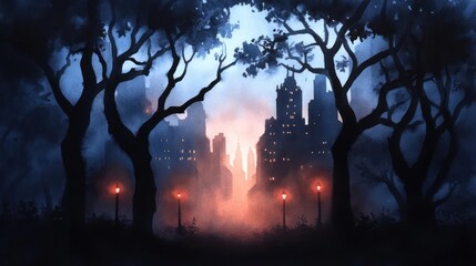 Poster - Silhouette of trees framing a city skyline at dusk with orange streetlights and a moody atmosphere