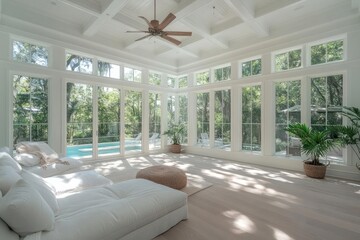 Poster - Bright interior with expansive windows overlooking lush greenery featuring white furnishings a ceiling fan and a natural rug creating a serene and inviting atmosphere