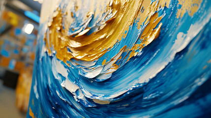 Poster - Striking blue and gold painting featuring liquid paint swirling on canvas in an artistic display of fluidity and captivating color contrast and harmony.