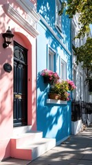 Aufkleber - Row of colorful townhouses with pink and blue facades adorned with flower boxes on a sunny day