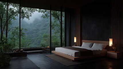 Poster - Cozy bedroom interior with large window showing foggy forest trees and serene atmosphere illuminated by soft light with modern wooden furniture and natural stone accents