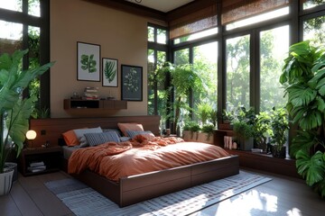 Poster - Bright bedroom interior with wooden bed orange bedding and lush green plants large windows and natural light creates a serene environment