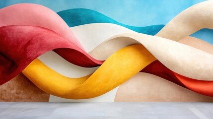 Leinwandbilder - Abstract design featuring flowing ribbons in red yellow teal and white colors against a light gray background evoking a sense of movement and texture