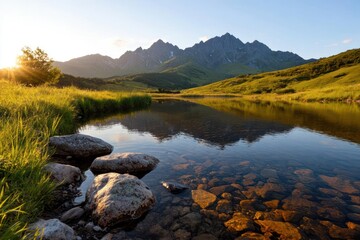 Poster - Scenic lake landscape with mountain range reflections sunlight illuminates water and surrounding greenery nature scene