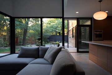 Poster - Cozy modern interior with large windows overlooking a backyard setting. A sectional sofa dominates the foreground with ambient lighting creating a relaxing atmosphere