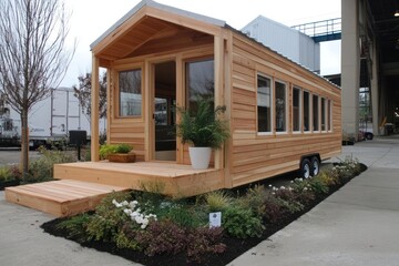 Aufkleber - Tiny wooden house on wheels with plants and flowers. The house has a wooden deck and large windows. The image is taken outside on a cloudy day