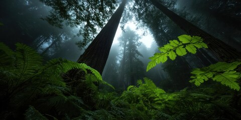 Poster - Lush green foliage in a dense forest with tall trees shrouded in mist and soft sunlight filtering through the canopy creating a tranquil ambiance