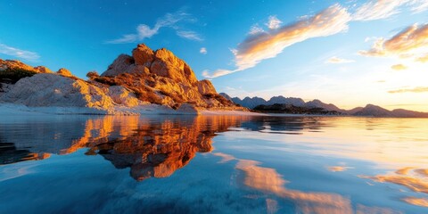Aufkleber - Scenic coastal landscape featuring a serene body of water reflecting a rugged rock formation under a vibrant sky with golden light. The scene exudes tranquility and natural beauty