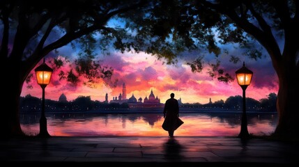 Aufkleber - Silhouette of person walking towards city at sunset reflecting on water with street lamps and trees. Atmospheric evening scene with vibrant sky and tranquil water