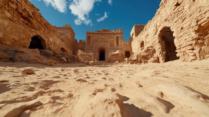Poster - Ancient desert ruins with sandstone architecture under a bright blue sky. The sunlit foreground showcases textured sand and debris