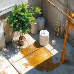 Aufkleber - Overhead view of a courtyard with a potted tree yellow liquid spills industrial tanks and equipment casting long shadows in sunlight
