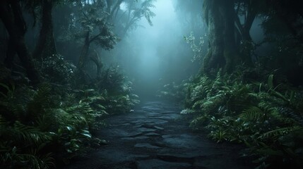 Aufkleber - Path through a dense forest with lush green foliage and glowing light, creating a mysterious atmospheric scene