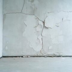 Aufkleber - Corner of a room with peeling white paint and cracks on the wall against a concrete floor revealing age and deterioration