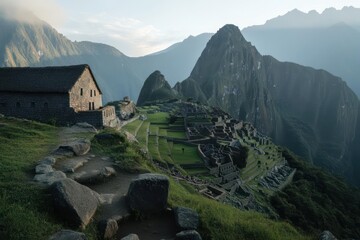 Aufkleber - Ancient stone structures with green vegetation and mountains under sunlight in a mountainous location. The composition includes ruins and building remains against a backdrop of scenic landscape