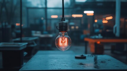 Poster - Illuminated light bulb hanging above a wet wooden table in an industrial workshop setting. Soft blue and orange tones create a moody atmosphere