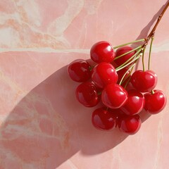 Poster - Close up shot of a berry bunch with green stem against a textured pink surface casting a shadow under bright natural light