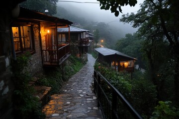 Aufkleber - Stone path leads through a village during a rain shower with illuminated buildings and lush greenery