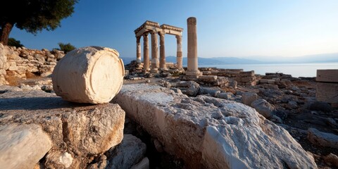 Poster - Ancient ruins with columns and stone blocks near calm sea under a bright blue sky. The sun illuminates the scene highlighting textures and details of weathered structures