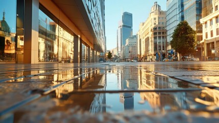 Aufkleber - Low angle shot of a wet street reflecting buildings and sky. Sunny day with city life and details of modern architecture