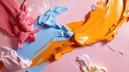 Poster - Abstract paint strokes in pink, orange, and blue hues, layered on a textured surface. A close-up shot highlighting the vibrant colors and brushstroke details