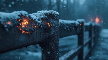 Poster - Snow-covered wooden fence with glowing orange lights in the background creating a serene winter landscape with falling snow and a soft focus effect