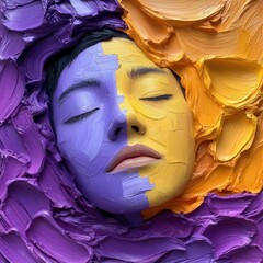 Poster - Face portrait with eyes closed split into two colors purple and yellow with textured paint strokes background capturing emotional expression