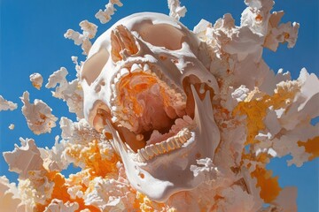 Poster - White skull exploding with geometric shapes against a vibrant blue backdrop. The skull's interior has orange and yellow textures. Light reflects through, creating depth