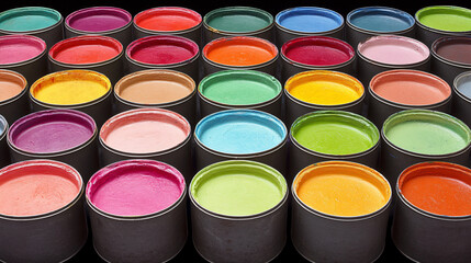Poster - An array of paint cans in various colors displayed in a bright art studio for creative expression and artistic inspiration.