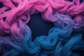 Poster - Abstract textile arrangement with vibrant gradient colors. Twisted threads in pink and blue create a circular pattern against dark background