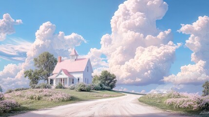 Aufkleber - Generic house with pink roof on a hilltop surrounded by flowers pathway through the field under a blue sky with fluffy clouds