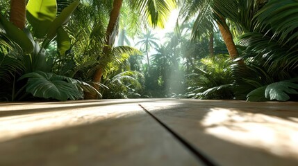 Aufkleber - Lush green tropical foliage with sun rays streaming through dense trees creates a vibrant atmospheric scene. The wooden pathway guides the view, creating a sense of depth in nature