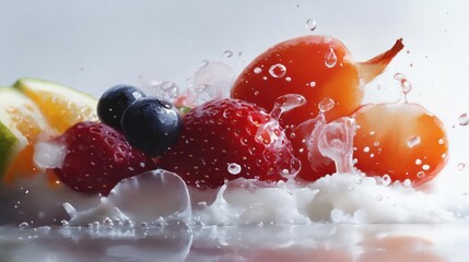Aufkleber - Fresh fruit splash with blueberries strawberries and grapes set on a white surface. Water droplets and ice enhance the refreshing presentation
