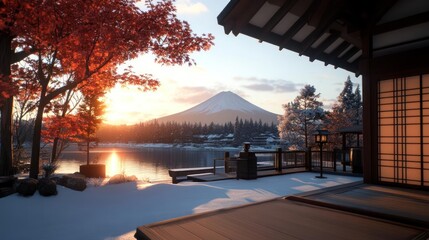 Aufkleber - Scenic view of a house with snowy landscape at sunset. The image captures a mountain lake with vibrant foliage reflecting the warm sunlight. The traditional architecture and serene ambiance evoke a