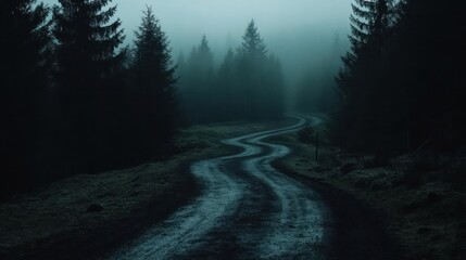 Fototapete - A winding road disappearing into a foggy forest. The path is surrounded by tall, dark trees and covered with small stones. Atmospheric and moody scene
