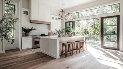 Leinwandbilder - Bright modern kitchen with large island wood floors windows and natural light interior design and home decor
