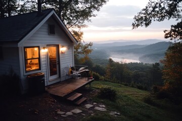 Aufkleber - Serene cabin perched on a hillside overlooking a misty valley at dusk. Warm interior lights contrast with the cool outdoor tones. A cozy getaway in a peaceful landscape