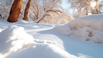 Poster - Close-up view of snow-covered landscape with trees under sun rays creating a serene and cold atmosphere. Sunlight filters through branches illuminating the snowy ground and details