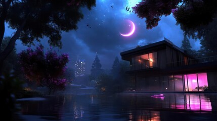 Poster - Modern house with illuminated windows reflecting in a dark lake surrounded by trees under a starry night sky with a crescent moon