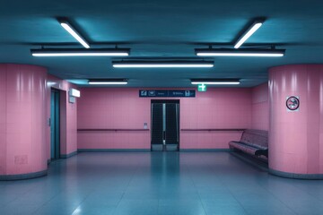Aufkleber - Pink and teal interior scene in a public space with symmetrical composition neon lights and textured surfaces