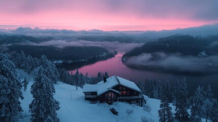 Aufkleber - Aerial view of a snow covered cabin on a hill with pink sunset sky over a lake and forest landscape Winter scene with tranquil atmosphere