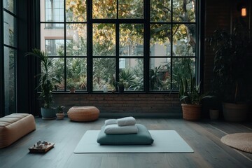 Poster - Serene yoga studio interior with natural light and lush plants calm meditation space soft lighting and neutral tones