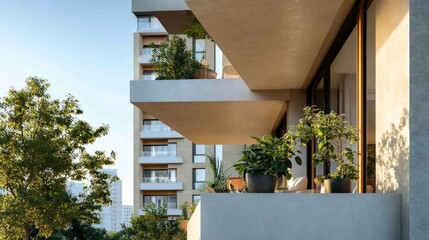 Aufkleber - Modern apartment balconies with potted plants against a cityscape background illuminated by warm sunlight. Architectural detail and residential outdoor space