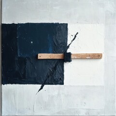 Poster - Abstract artwork featuring a textured background a dark blue square a wooden element and splashes creating a modern and minimalist composition