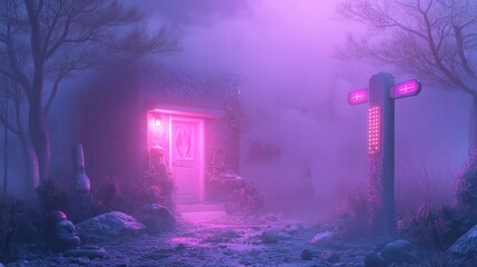 Poster - Digitized cottage exterior bathed in violet and pink hues with a glowing doorway and pixelated signpost in a misty forest setting