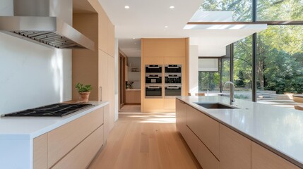 Poster - Modern kitchen with wood and white surfaces natural light and an open concept design