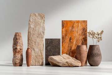 Fototapete - Assortment of textured ceramic and stone objects arranged on a white surface. The collection includes various shapes and sizes with a neutral color palette accented by light and shadow
